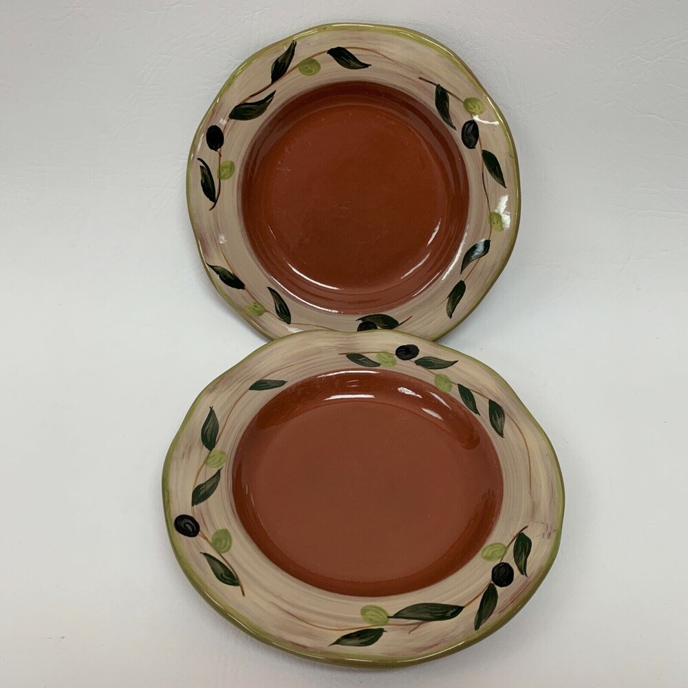 Le Petit Cafe Salad Plate‎ Brown Green Olives 7 7/8" Lot of 2